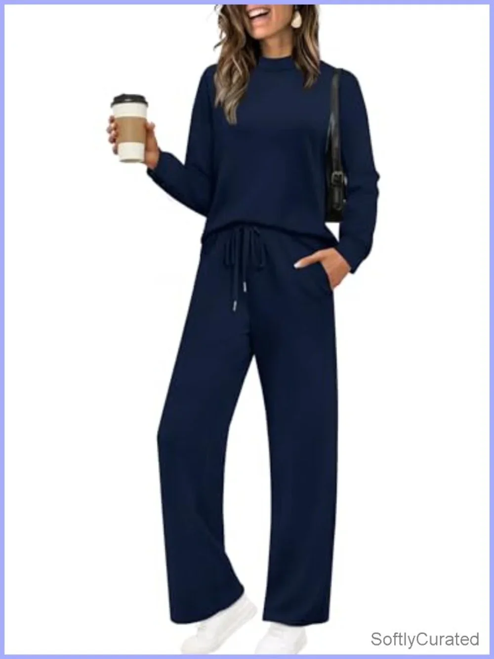 Mock Neck Matching Set Long Sleeve Top Wide Leg Pants Lounge Set